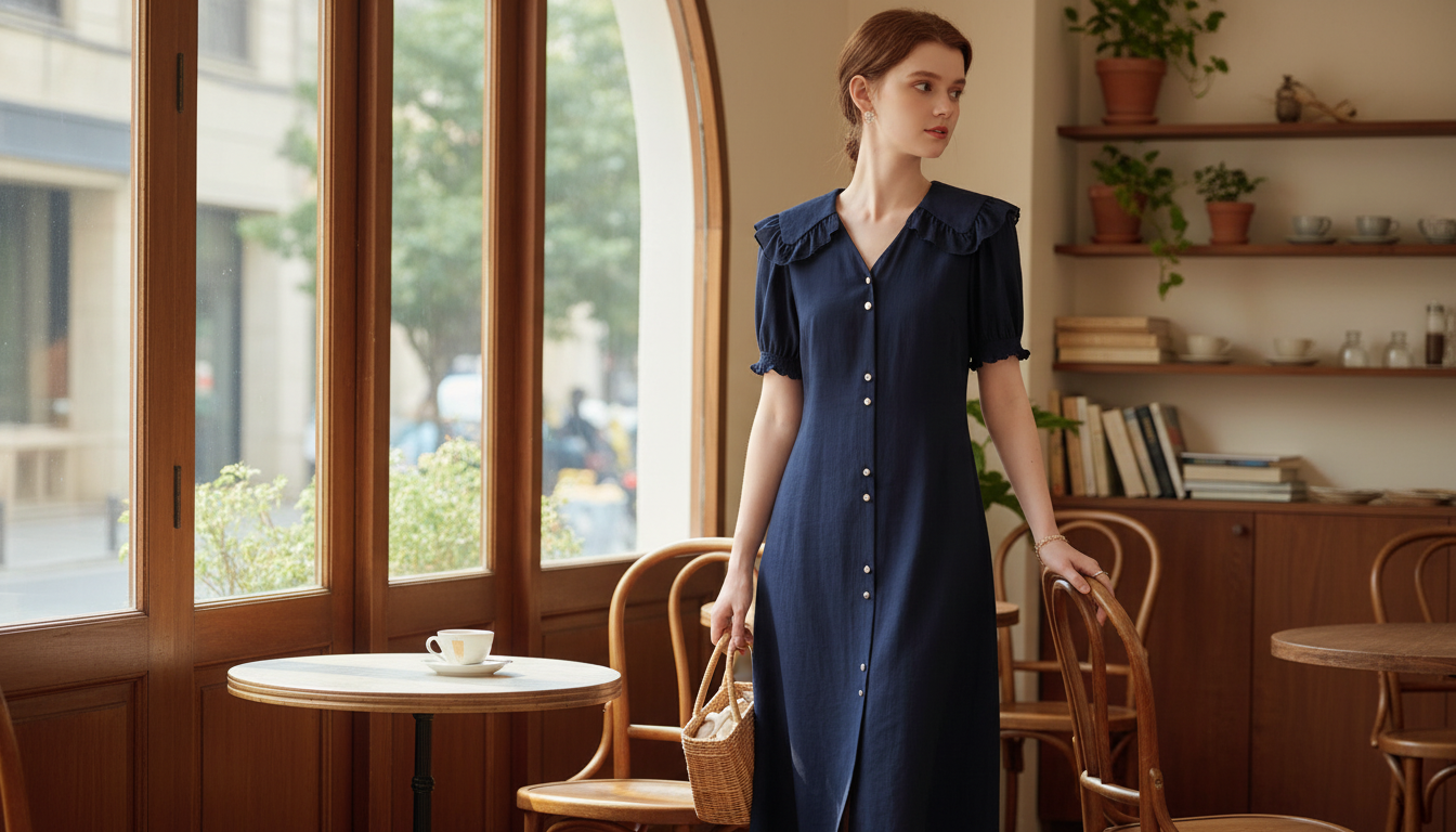 Navy Sailor Collar Dress with Scalloped Sleeve Trim