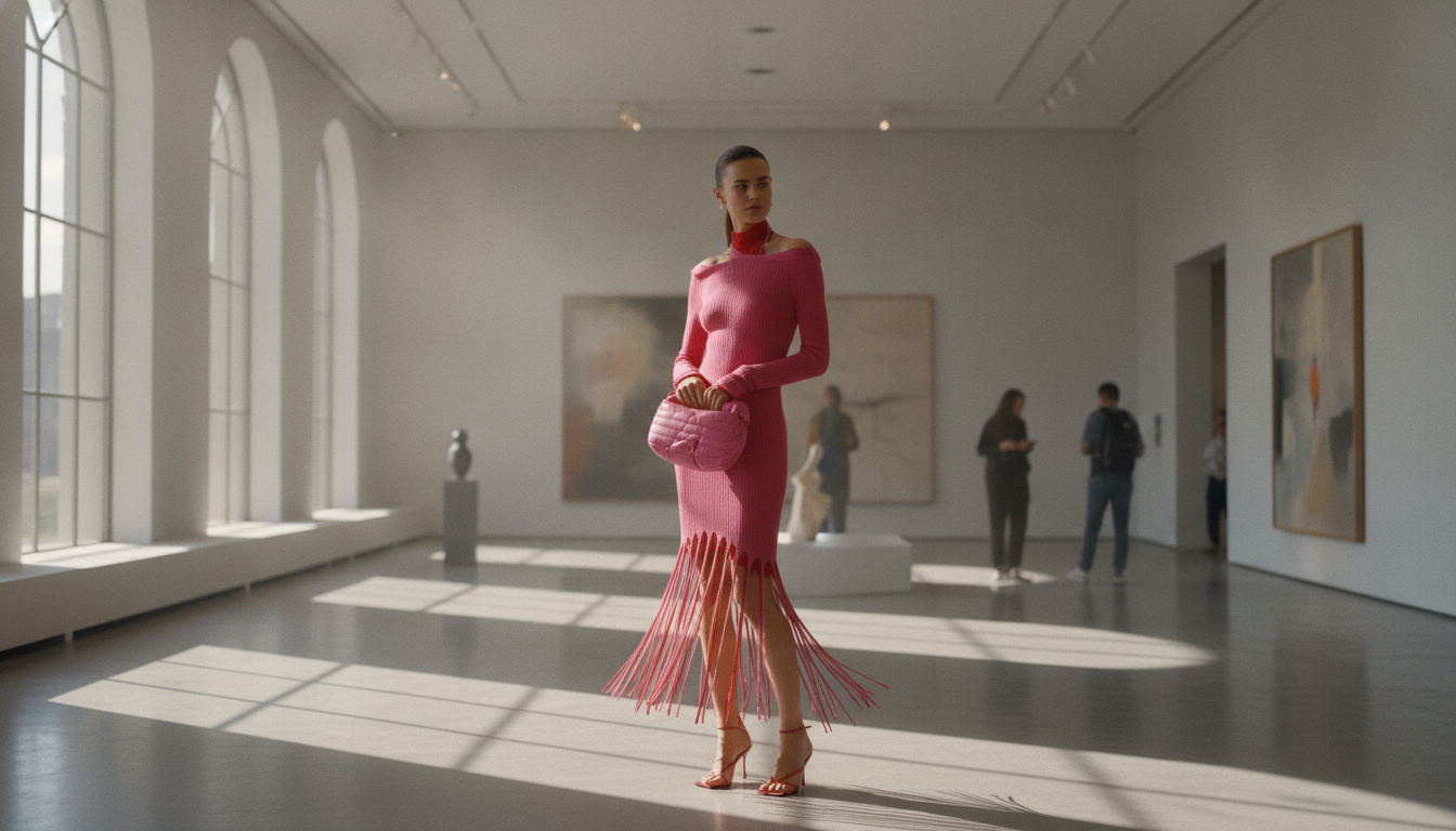 Pink & Red Fringe Knit Maxi Dress by Bottega Veneta