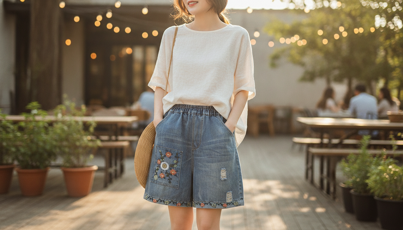 Floral Embroidered High-Waist Wide-Leg Denim Shorts