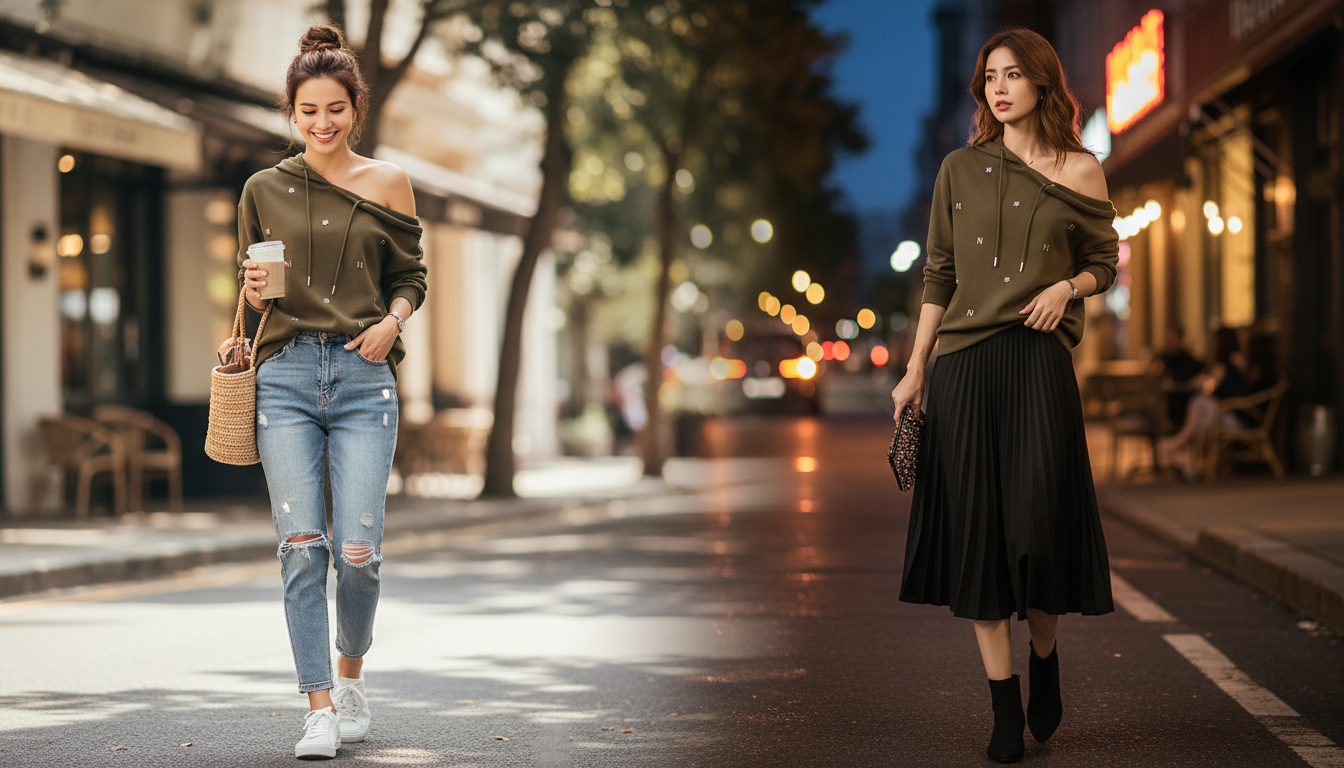 How to Style a Loose Off-Shoulder Pullover, Day to Night